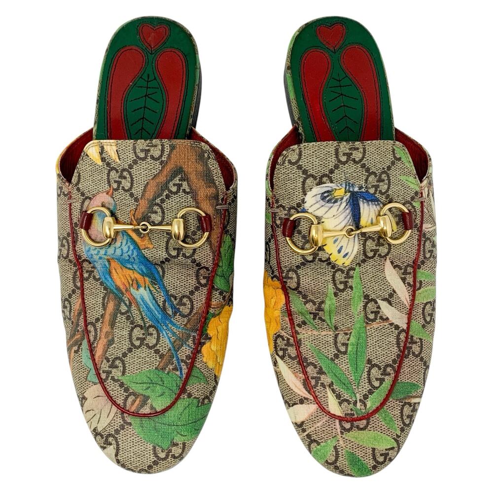 Gucci Princetown Horsebit Tian Print GG Monogram Logo Flats Slip On Mules EU 37 - Picture 2 of 10